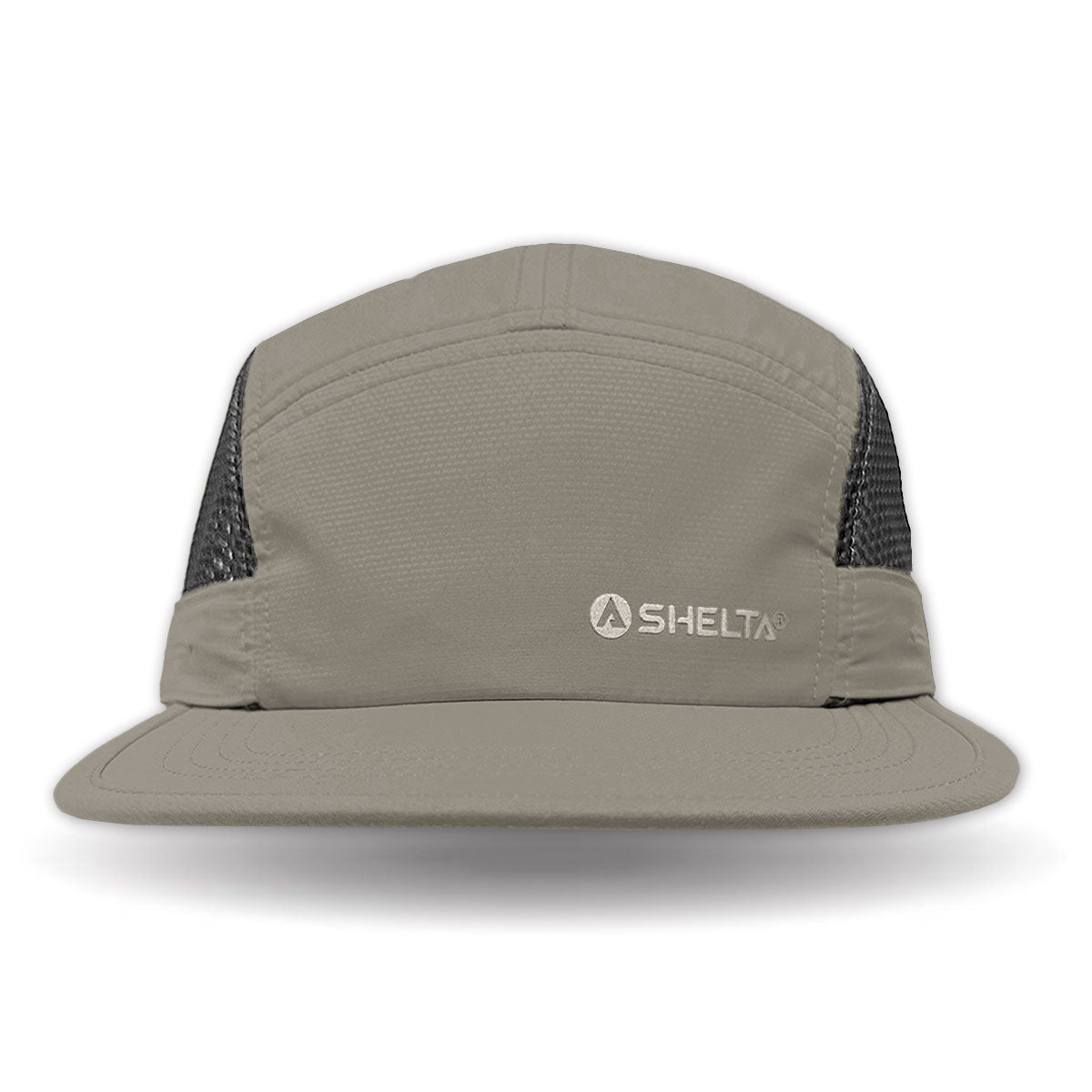 Beige cap with mesh back on a white background, featuring the Shelta logo.