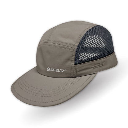 Tan cap with mesh back on a white background