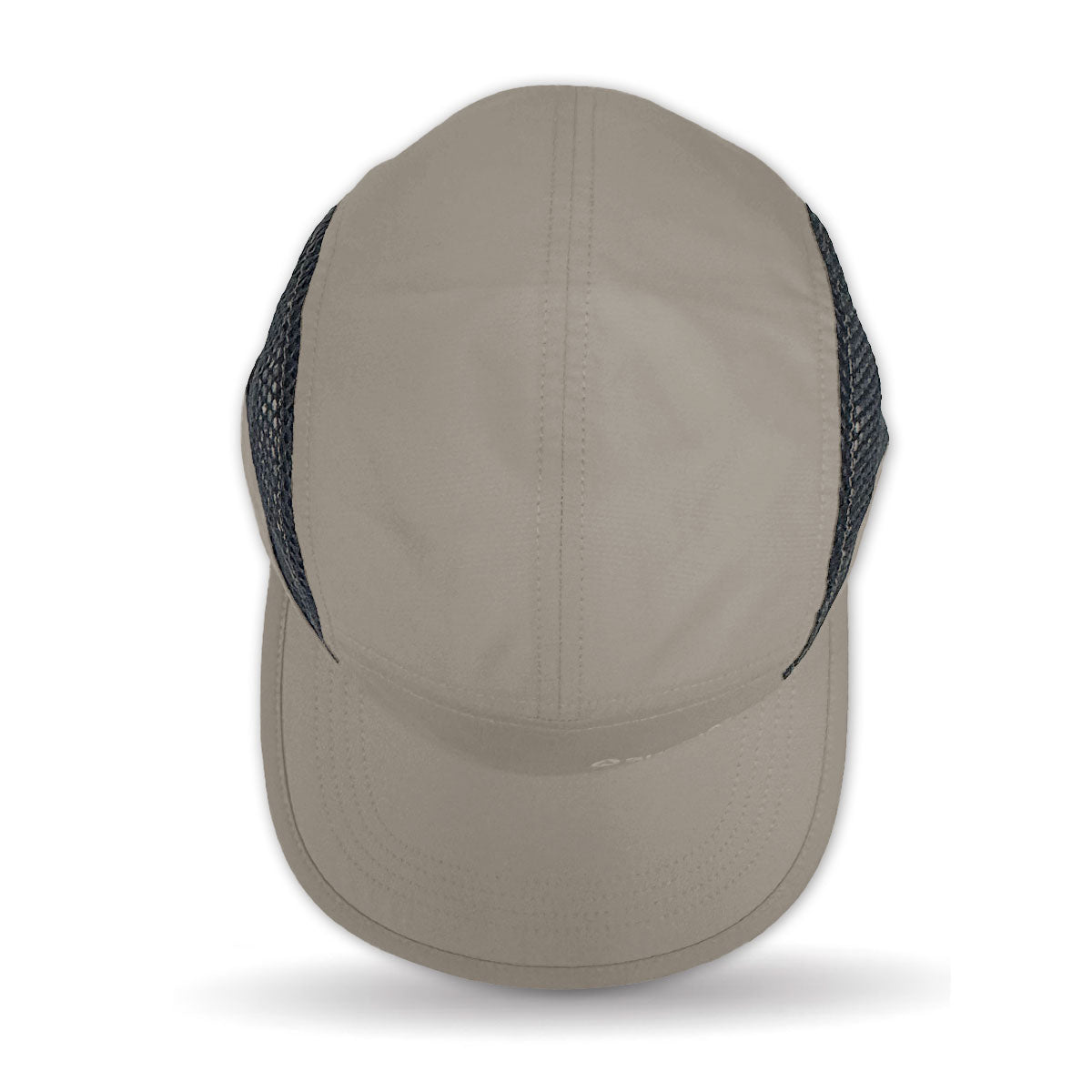 Beige cap with black mesh back on a white background