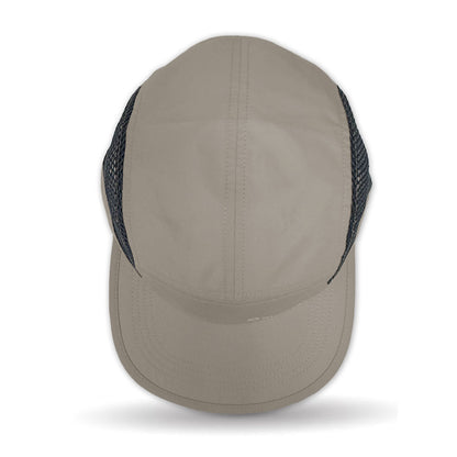 Beige cap with black mesh back on a white background