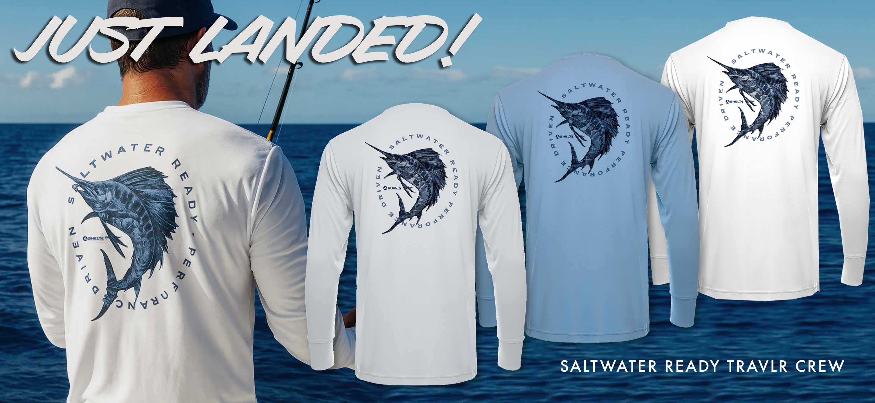 Long-sleeve shirts with marlin design on a blue ocean background