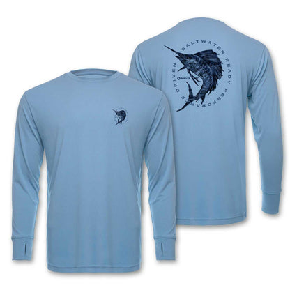 Light blue long-sleeve shirt with marlin graphic on a white background
