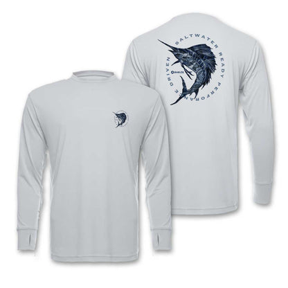 Gray long-sleeve shirt with marlin fish design on a white background