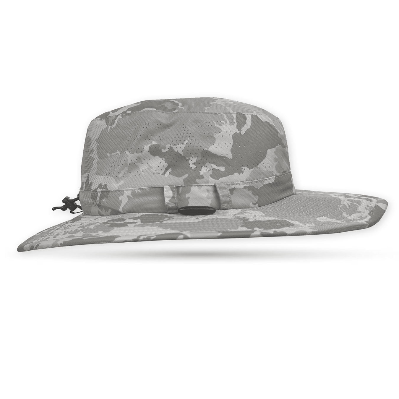 Camouflage-patterned wide-brimmed hat on a white background