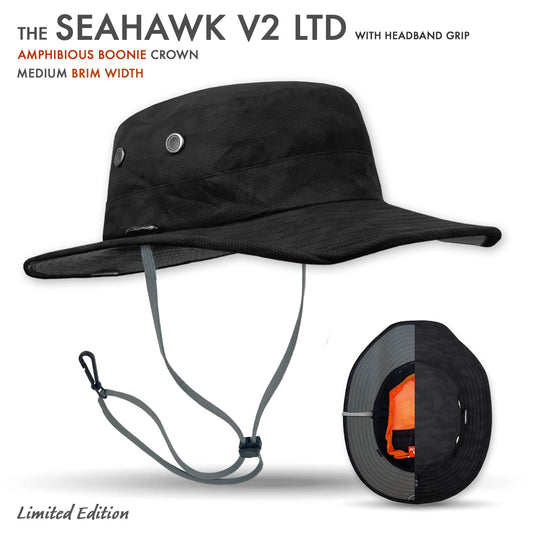 Black hat with headband grip labeled 'Seahawk V2 LTD' on a white background