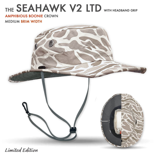 Camouflage-patterned hat with headband grip on a white background