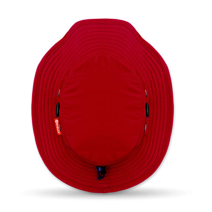 Red bucket hat with a brand logo on a white background
