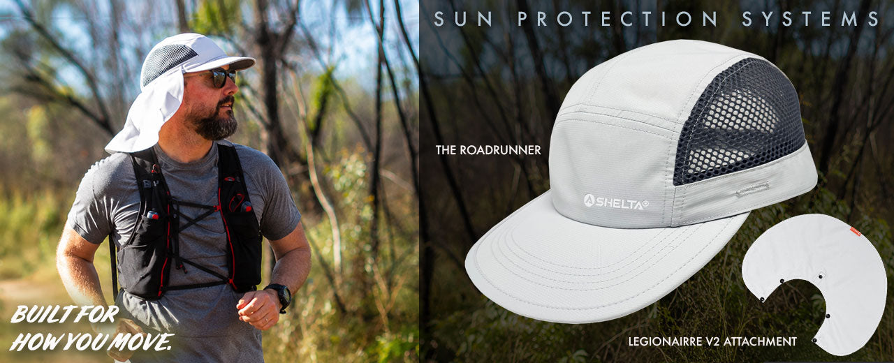Man wearing a white cap outdoors with a product image of a white cap on a dark background.
