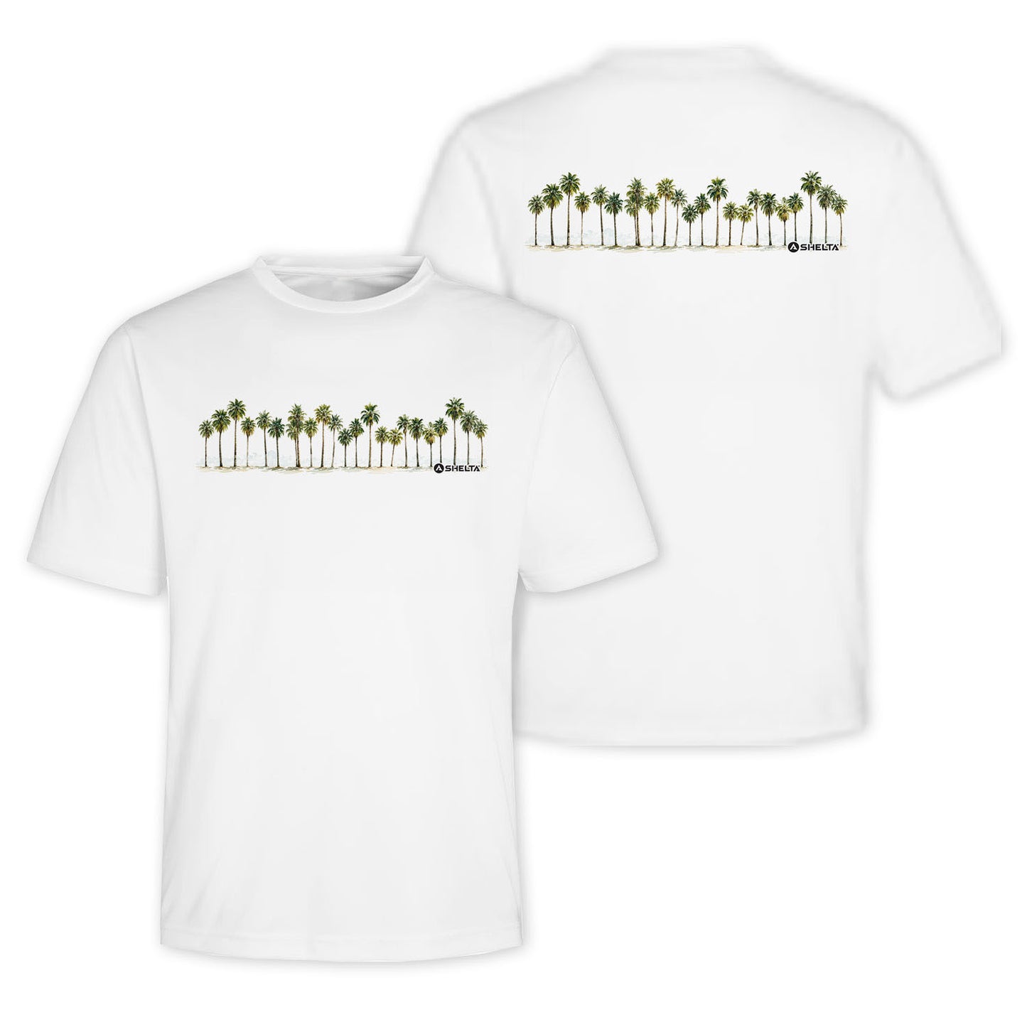 White t-shirt with palm band logo on a white background