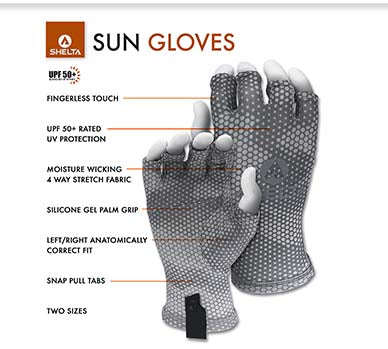 Made from lightweight, UPF 50+ rated moisture wicking stretch fabric, this finger less glove protects your hands from harmful UV rays.  Asymmetrically sewn panels give you a comfortable fit and the silicone gel pattern on the palm provides a non-slip grip