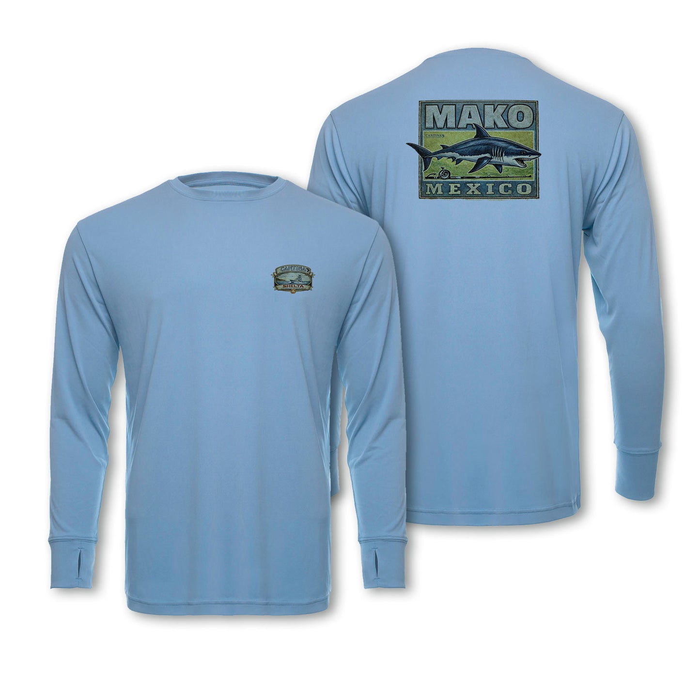 Light blue long-sleeve shirt with Mako Mexico logo on a white background