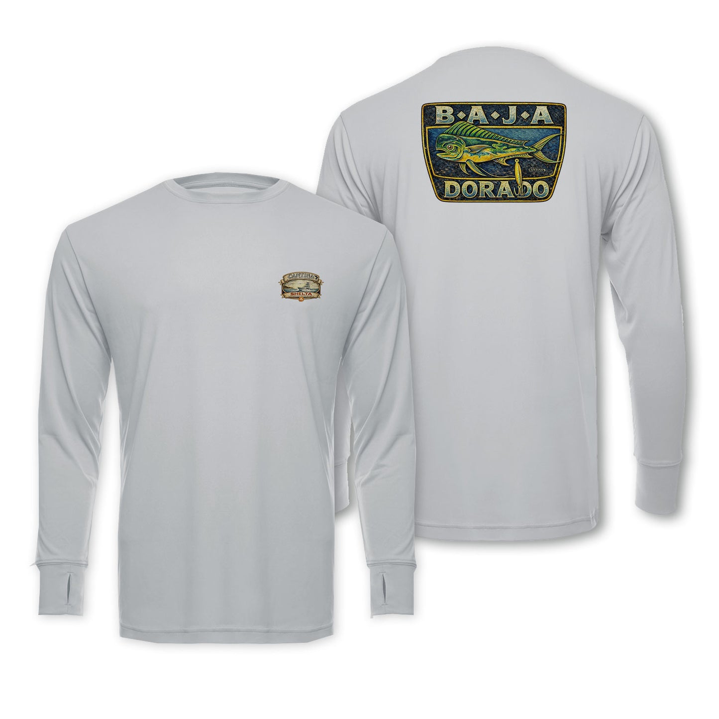 Gray long-sleeve shirt with Baja Dorado logo on a white background
