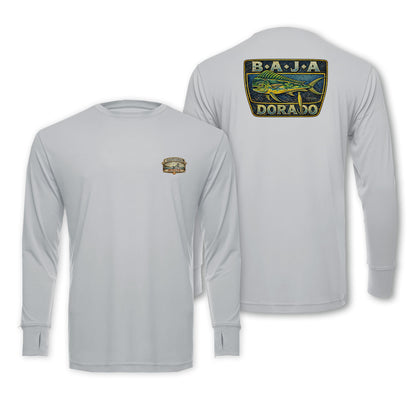Gray long-sleeve shirt with Baja Dorado logo on a white background