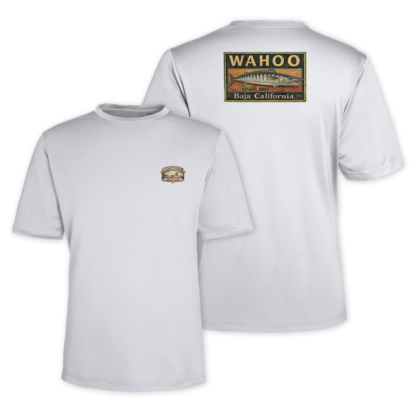 Light Grey  t-shirt with 'Wahoo Baja California' graphic on a white background