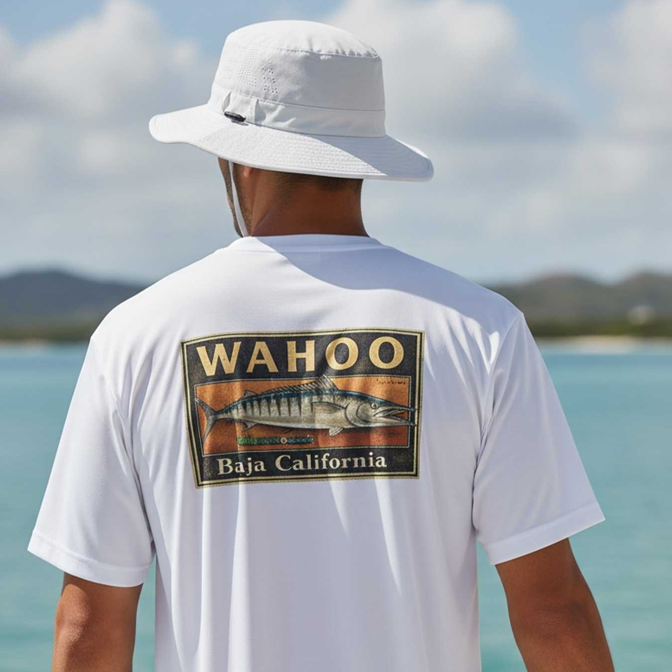Person wearing a white t-shirt with 'Wahoo Baja California' design, standing by a body of water.