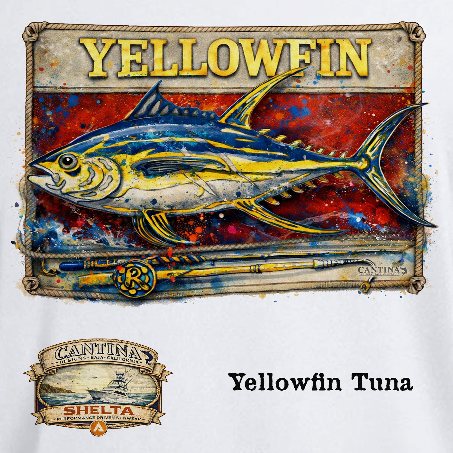 Decorative sign with a yellowfin tuna illustration and 'Yellowfin' text on a colorful background.