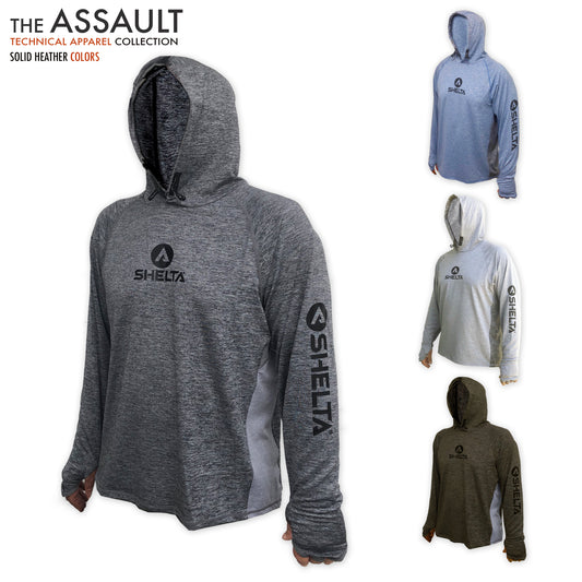 The Assault Hoodie is engineered & built with sun protection, function, and durability in mind.  Offering features consistent with Shelta core values and innovation goals.   UPF 50+ UV protection, the highest rating given.  Blocks 98% of UVA/UVB radiation Loose comfort fit Moisture Wicking Sleeves with thumb hole & finger loop for multiple hand protection options