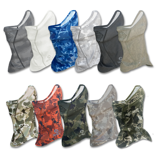 Our Face Gaiter protects your face and neck from harmful UV rays. Sun protection that won’t wear off, it allows you to spend the whole day on the water or in the field without burning. Made from lightweight, moisture wicking stretch fabric, our gaiter features silicone coated laser-cut breathing holes.  The breathable fabric offers UPF 50+ UV protection and covers the top of your nose down to your neckline with enough height in the back to fit over a cap or under your sunhat.