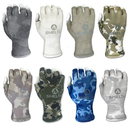 Made from lightweight, UPF 50+ rated moisture wicking stretch fabric, this finger less glove protects your hands from harmful UV rays.  Asymmetrically sewn panels give you a comfortable fit and the silicone gel pattern on the palm provides a non-slip grip.  The pull tabs have snaps to connect the pair for storage and make it easier to put on and take off.  Comes in two sizes