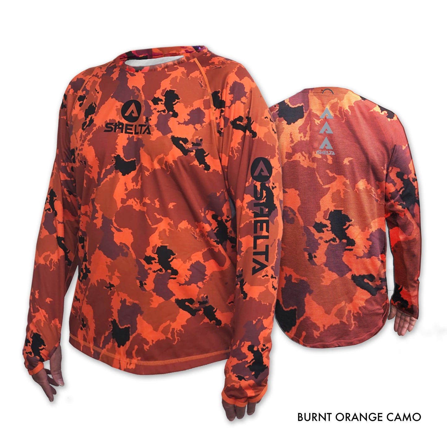 The Aquaterra Crew neck in Burnt Orange Camo is engineered & built with sun protection, function, and durability in mind.  Truly amphibious these technical tops work as well in the water as on land.  Offering features consistent with Shelta core values and innovation goals.   UPF 50+ UV protection, the highest rating given.  Blocks 98% of UVA/UVB radiation.