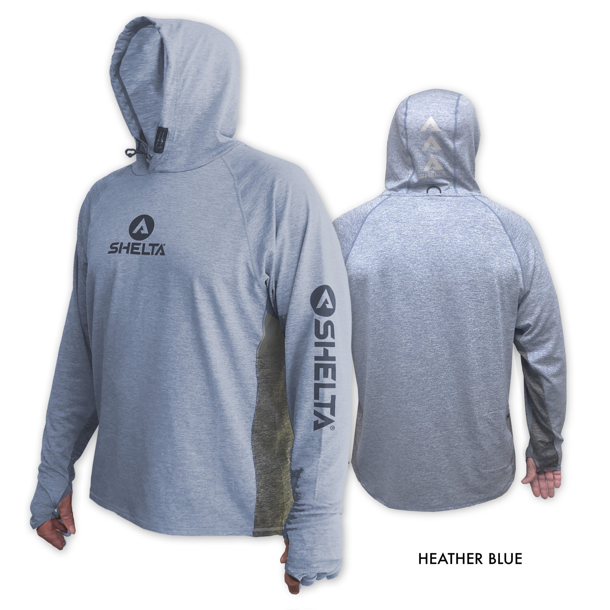 The Assault Hoodie in the Heather Blue Color is engineered & built with sun protection, function, and durability in mind.  Offering features consistent with Shelta core values and innovation goals.   UPF 50+ UV protection, the highest rating given.  Blocks 98% of UVA/UVB radiation Loose comfort fit Moisture Wicking Sleeves with thumb hole & finger loop for multiple hand protection options