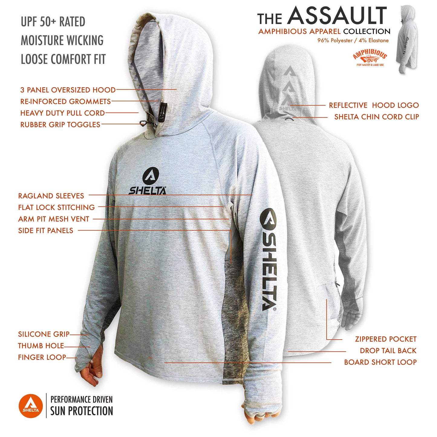 The Assault Hoodie is engineered & built with sun protection, function, and durability in mind.  Offering features consistent with Shelta core values and innovation goals.   UPF 50+ UV protection, the highest rating given.  Blocks 98% of UVA/UVB radiation Loose comfort fit Moisture Wicking Sleeves with thumb hole & finger loop for multiple hand protection options