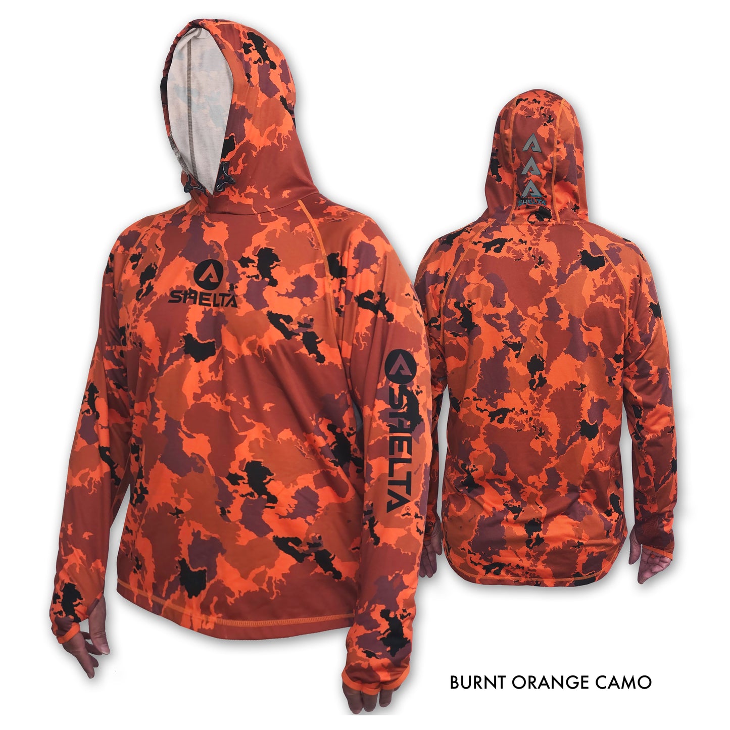 The Assault Hoodie in the color Burnt Orange Camo is engineered & built with sun protection, function, and durability in mind.  Offering features consistent with Shelta core values and innovation goals.   UPF 50+ UV protection, the highest rating given.  Blocks 98% of UVA/UVB radiation Loose comfort fit Moisture Wicking Sleeves with thumb hole & finger loop for multiple hand protection options