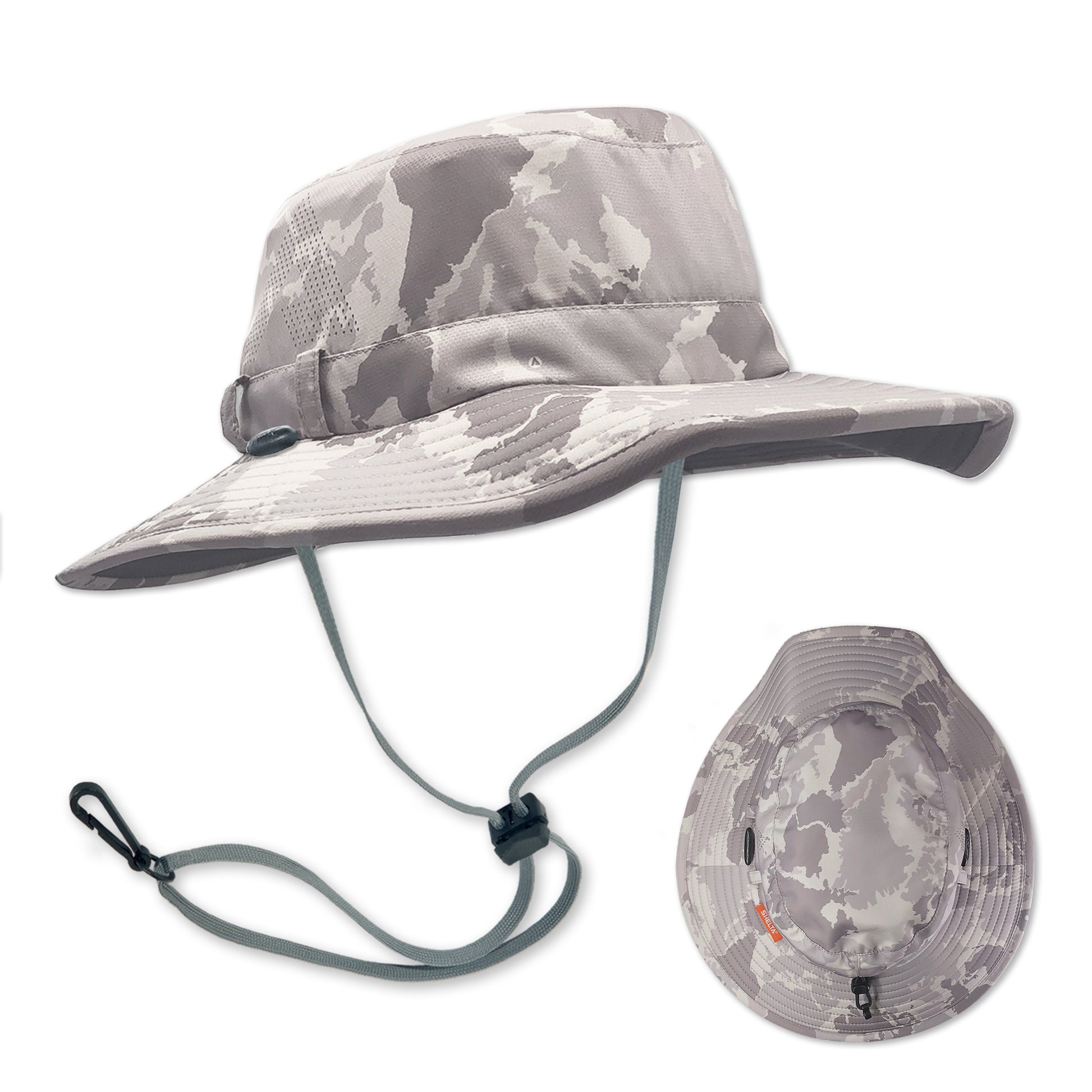 The Condor sun hat in the color SB Camo is a more traditional looking style features a deeper crown for air flow and a wider downward angled brim for more UV protection. A full vapor barrier liner keeps the fabric off of your scalp and allows air to flow through the laser cut venting holes and breathable fabric.. The new Condor does NOT have a stash pocket. This was done to make the hat lighter.
