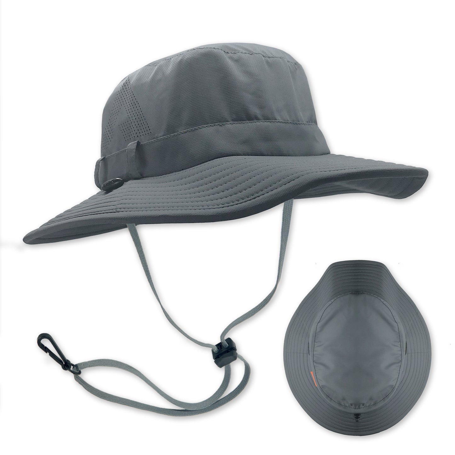 The Condor sun hat in the color storm grey is a more traditional looking style features a deeper crown for air flow and a wider downward angled brim for more UV protection. A full vapor barrier liner keeps the fabric off of your scalp and allows air to flow through the laser cut venting holes and breathable fabric.. The new Condor does NOT have a stash pocket. This was done to make the hat lighter.
