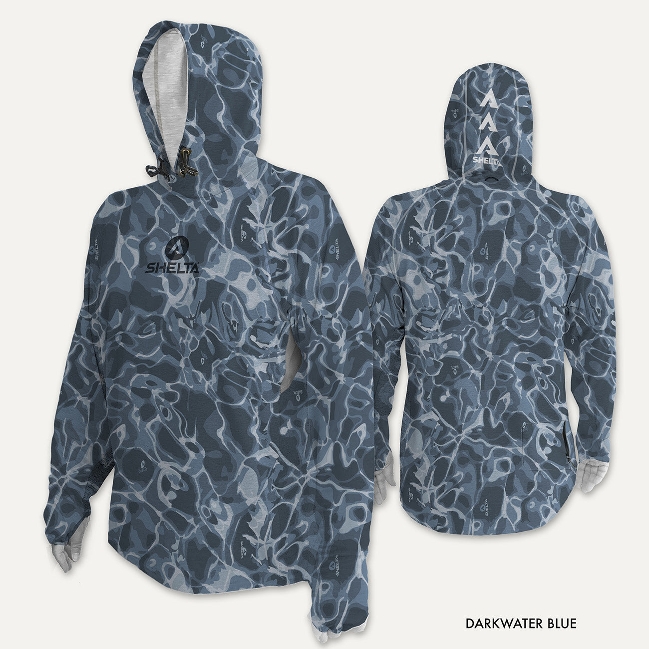 The Assault Hoodie in Dark Water is engineered & built with sun protection, function, and durability in mind. Offering features consistent with Shelta core values and innovation goals. UPF 50+ UV protection, the highest rating given. Blocks 98% of UVA/UVB radiation Loose comfort fit Moisture Wicking Sleeves with thumb hole & finger loop for multiple hand protection options