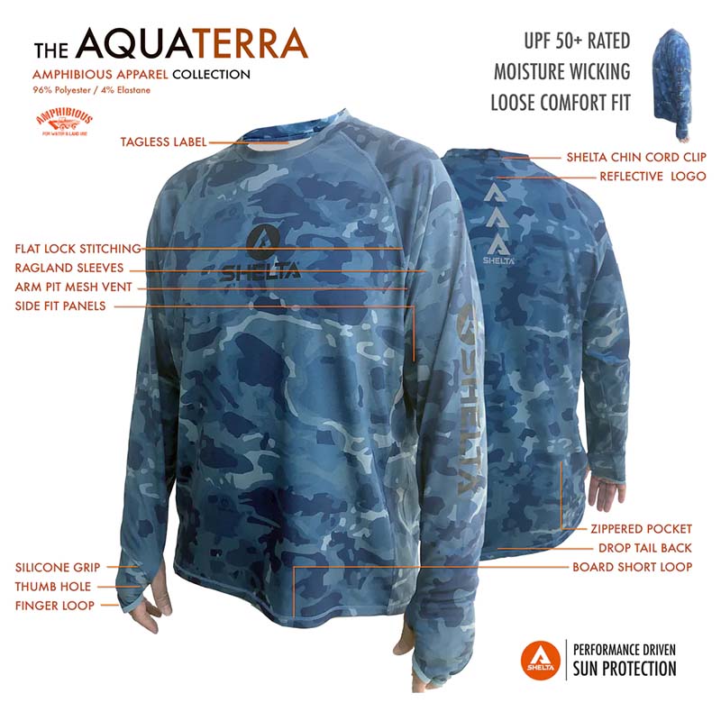 The Aquaterra Crew neck is engineered & built with sun protection, function, and durability in mind. Truly amphibious these technical tops work as well in the water as on land. Offering features consistent with Shelta core values and innovation goals. UPF 50+ UV protection, the highest rating given. Blocks 98% of UVA/UVB radiation.