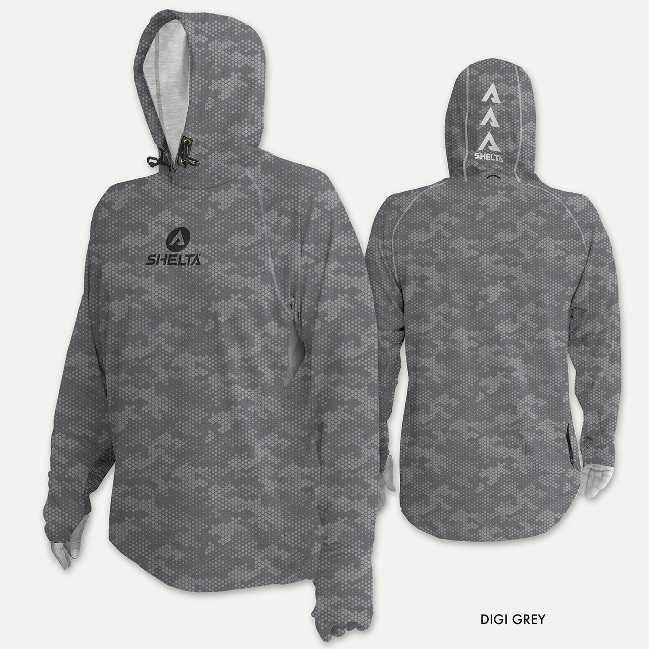 The Assault Hoodie in Digi Grey is engineered & built with sun protection, function, and durability in mind. Offering features consistent with Shelta core values and innovation goals. UPF 50+ UV protection, the highest rating given. Blocks 98% of UVA/UVB radiation Loose comfort fit Moisture Wicking Sleeves with thumb hole & finger loop for multiple hand protection options