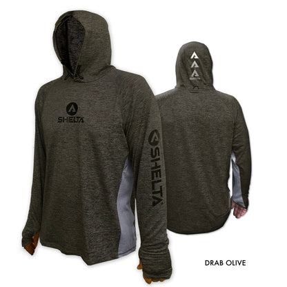 The Assault Hoodie in the Drab Olive Color is engineered & built with sun protection, function, and durability in mind.  Offering features consistent with Shelta core values and innovation goals.   UPF 50+ UV protection, the highest rating given.  Blocks 98% of UVA/UVB radiation Loose comfort fit Moisture Wicking Sleeves with thumb hole & finger loop for multiple hand protection options