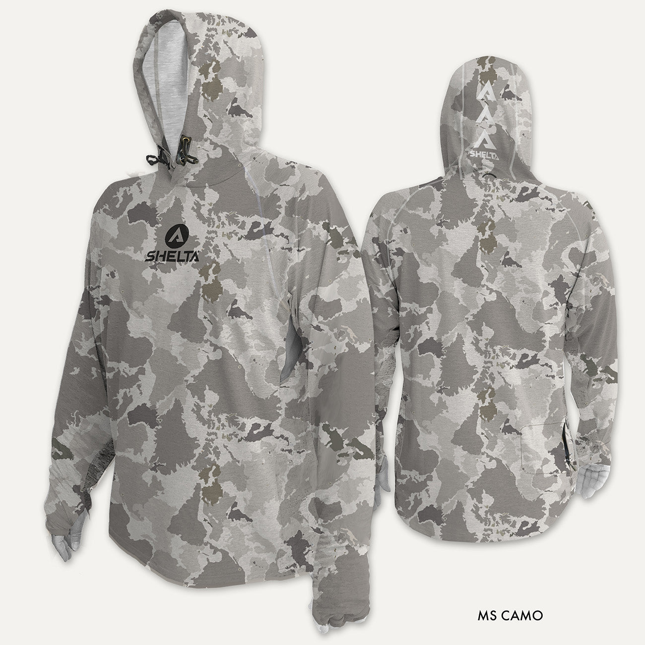 The Assault Hoodie in MS Camo is engineered & built with sun protection, function, and durability in mind. Offering features consistent with Shelta core values and innovation goals. UPF 50+ UV protection, the highest rating given. Blocks 98% of UVA/UVB radiation Loose comfort fit Moisture Wicking Sleeves with thumb hole & finger loop for multiple hand protection options