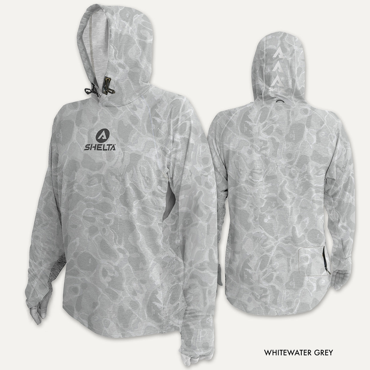 The Assault Hoodie in White Water is engineered & built with sun protection, function, and durability in mind. Offering features consistent with Shelta core values and innovation goals. UPF 50+ UV protection, the highest rating given. Blocks 98% of UVA/UVB radiation Loose comfort fit Moisture Wicking Sleeves with thumb hole & finger loop for multiple hand protection options
