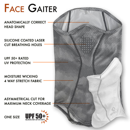 Our Face Gaiter protects your face and neck from harmful UV rays. Sun protection that won’t wear off, it allows you to spend the whole day on the water or in the field without burning. Made from lightweight, moisture wicking stretch fabric, our gaiter features silicone coated laser-cut breathing holes.  The breathable fabric offers UPF 50+ UV protection and covers the top of your nose down to your neckline with enough height in the back to fit over a cap or under your sunhat.