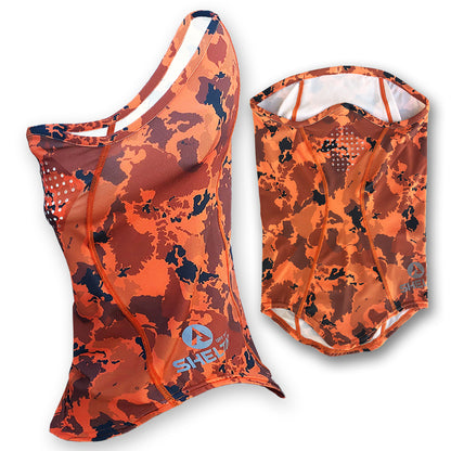 Our Face Gaiter in the Blaze Orange color protects your face and neck from harmful UV rays. Sun protection that won’t wear off, it allows you to spend the whole day on the water or in the field without burning. Made from lightweight, moisture wicking stretch fabric, our gaiter features silicone coated laser-cut breathing holes.  The breathable fabric offers UPF 50+ UV protection and covers the top of your nose down to your neckline with enough height in the back to fit over a cap or under your sunhat.