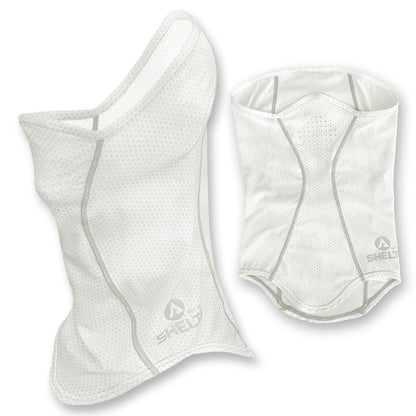 Our Face Gaiter in the Cloud White color  protects your face and neck from harmful UV rays. Sun protection that won’t wear off, it allows you to spend the whole day on the water or in the field without burning. Made from lightweight, moisture wicking stretch fabric, our gaiter features silicone coated laser-cut breathing holes.  The breathable fabric offers UPF 50+ UV protection and covers the top of your nose down to your neckline with enough height in the back to fit over a cap or under your sunhat.