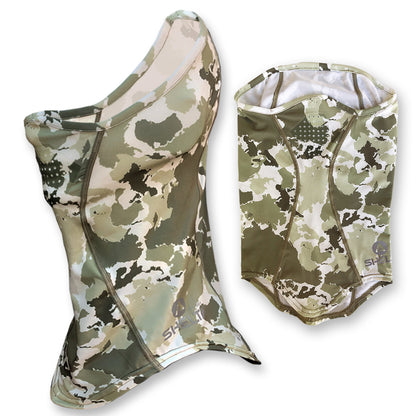 Our Face Gaiter in the FC Camo Color protects your face and neck from harmful UV rays. Sun protection that won’t wear off, it allows you to spend the whole day on the water or in the field without burning. Made from lightweight, moisture wicking stretch fabric, our gaiter features silicone coated laser-cut breathing holes.  The breathable fabric offers UPF 50+ UV protection and covers the top of your nose down to your neckline with enough height in the back to fit over a cap or under your sunhat.