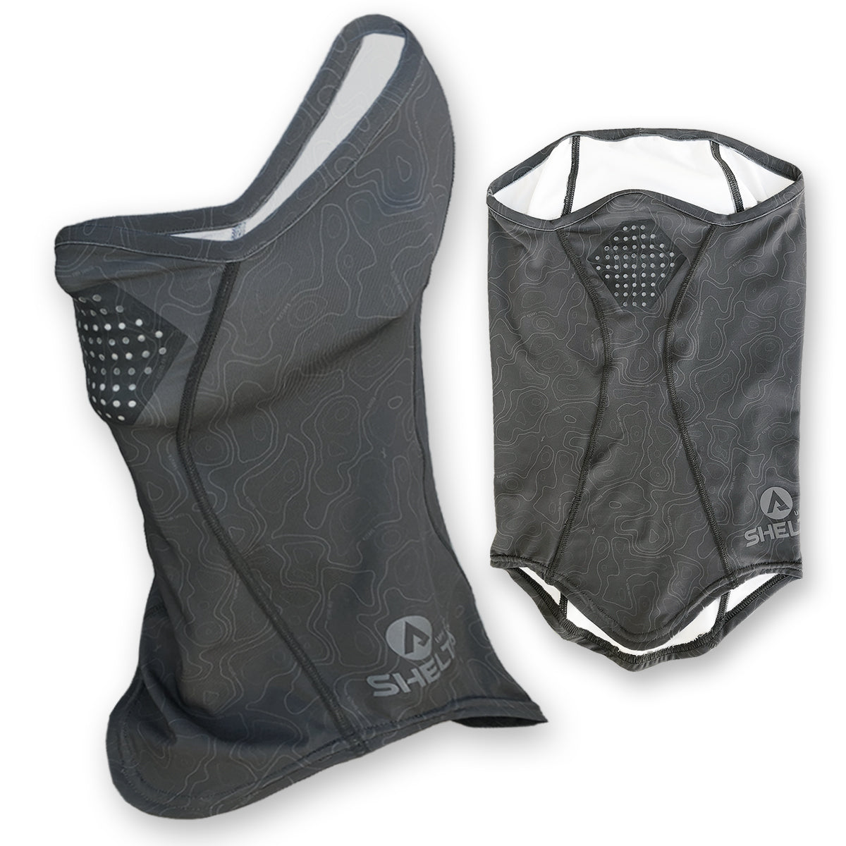 Our Face Gaiter in the granite terrain color protects your face and neck from harmful UV rays. Sun protection that won’t wear off, it allows you to spend the whole day on the water or in the field without burning. Made from lightweight, moisture wicking stretch fabric, our gaiter features silicone coated laser-cut breathing holes.  The breathable fabric offers UPF 50+ UV protection and covers the top of your nose down to your neckline with enough height in the back to fit over a cap or under your sunhat.