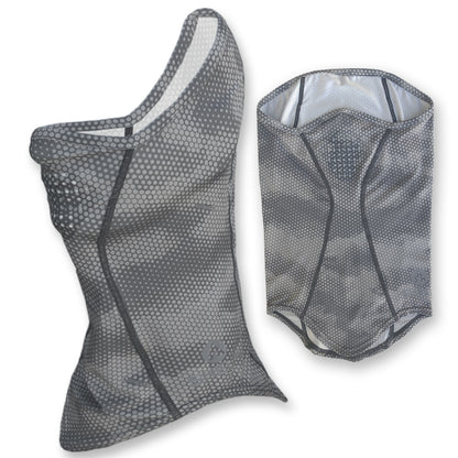 Our Face Gaiter in the Grey Cloud Color protects your face and neck from harmful UV rays. Sun protection that won’t wear off, it allows you to spend the whole day on the water or in the field without burning. Made from lightweight, moisture wicking stretch fabric, our gaiter features silicone coated laser-cut breathing holes.  The breathable fabric offers UPF 50+ UV protection and covers the top of your nose down to your neckline with enough height in the back to fit over a cap or under your sunhat.