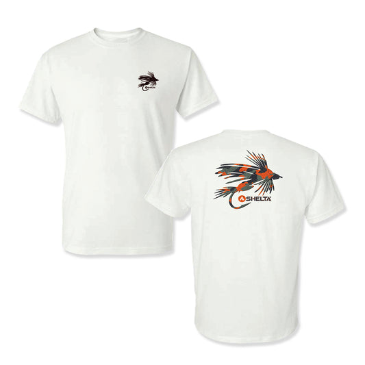 Fly Camo in White. This heavy-duty 50/50 T-Shirt is made to work for you. This fabric is specifically designed to wick moisture away from the body, helping to keep you dry and cool. Soft, preshrunk cotton is blended with durable, colorfast polyester for optimal quality