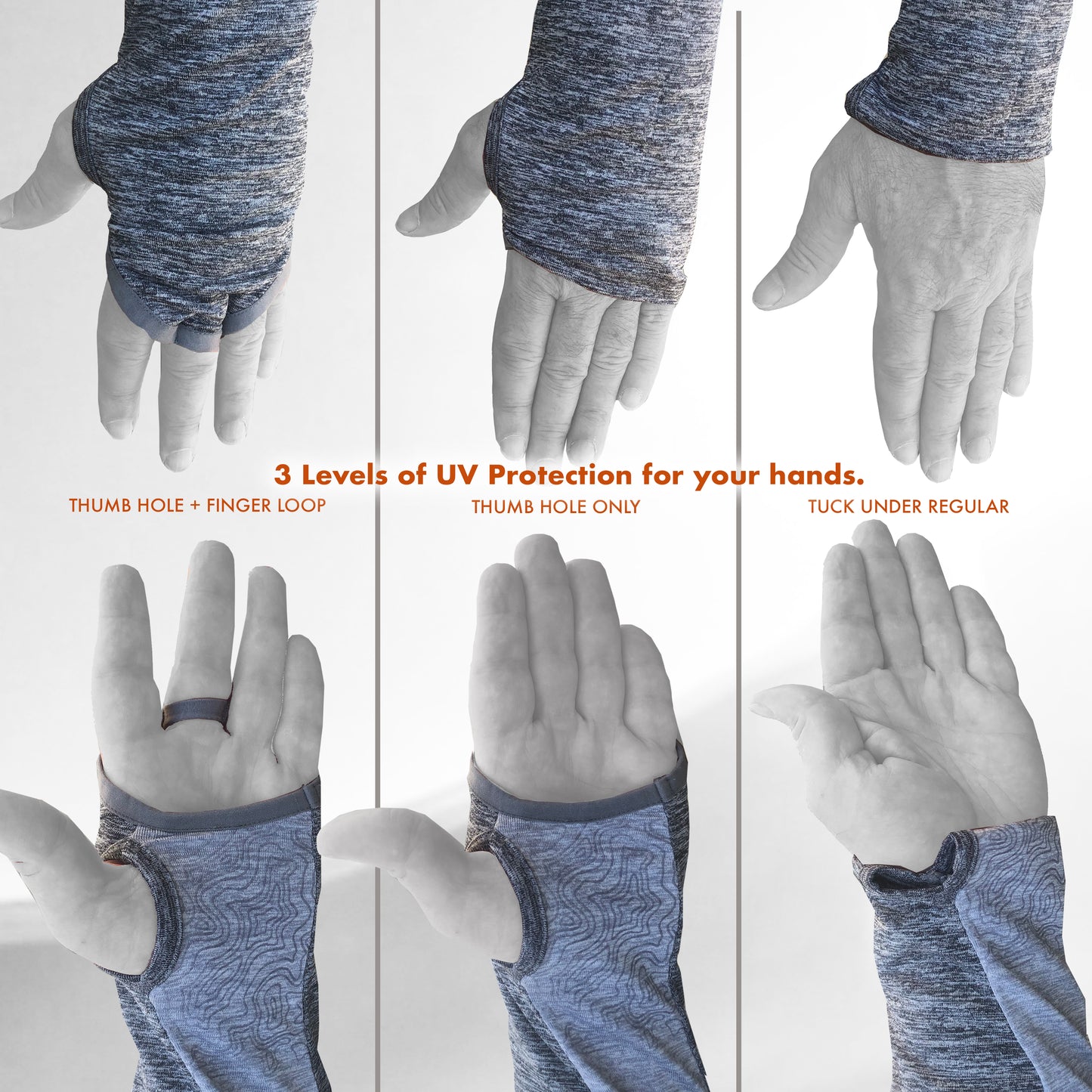 Three levels of UV Protection for you hands. Thumb Hole and Finger Loop