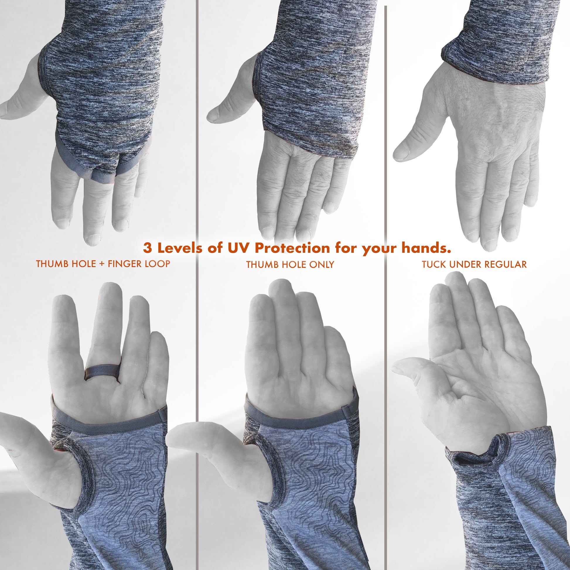 three Levels of UV Protection for your hands. Thumb Hole and Finger Loop